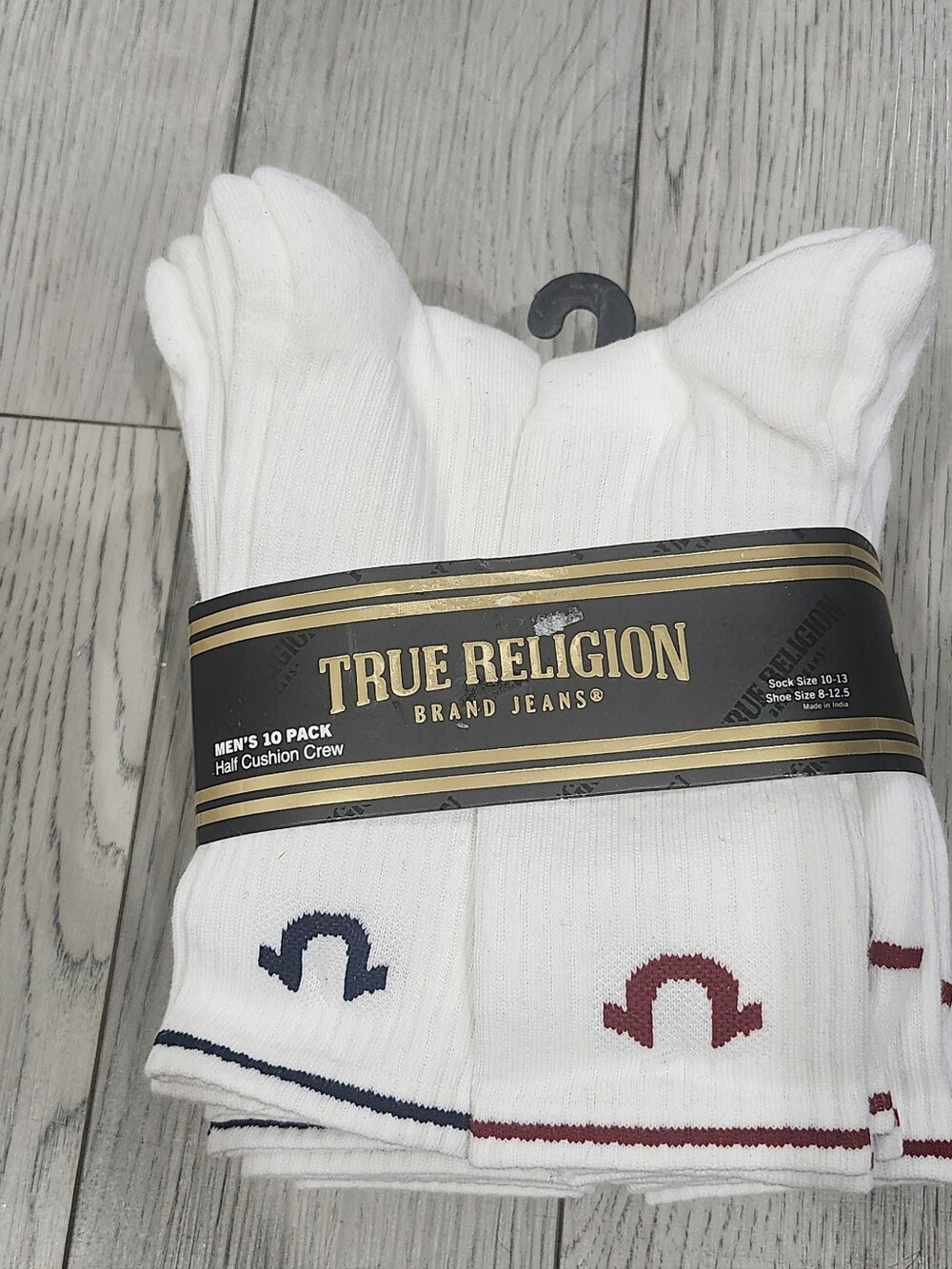 True Religion Men’s White Crew Socks with Navy and Red Accents - 10 Pack